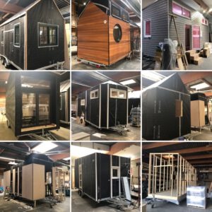 Bildercollage der Bauphasen eines Tiny Houses